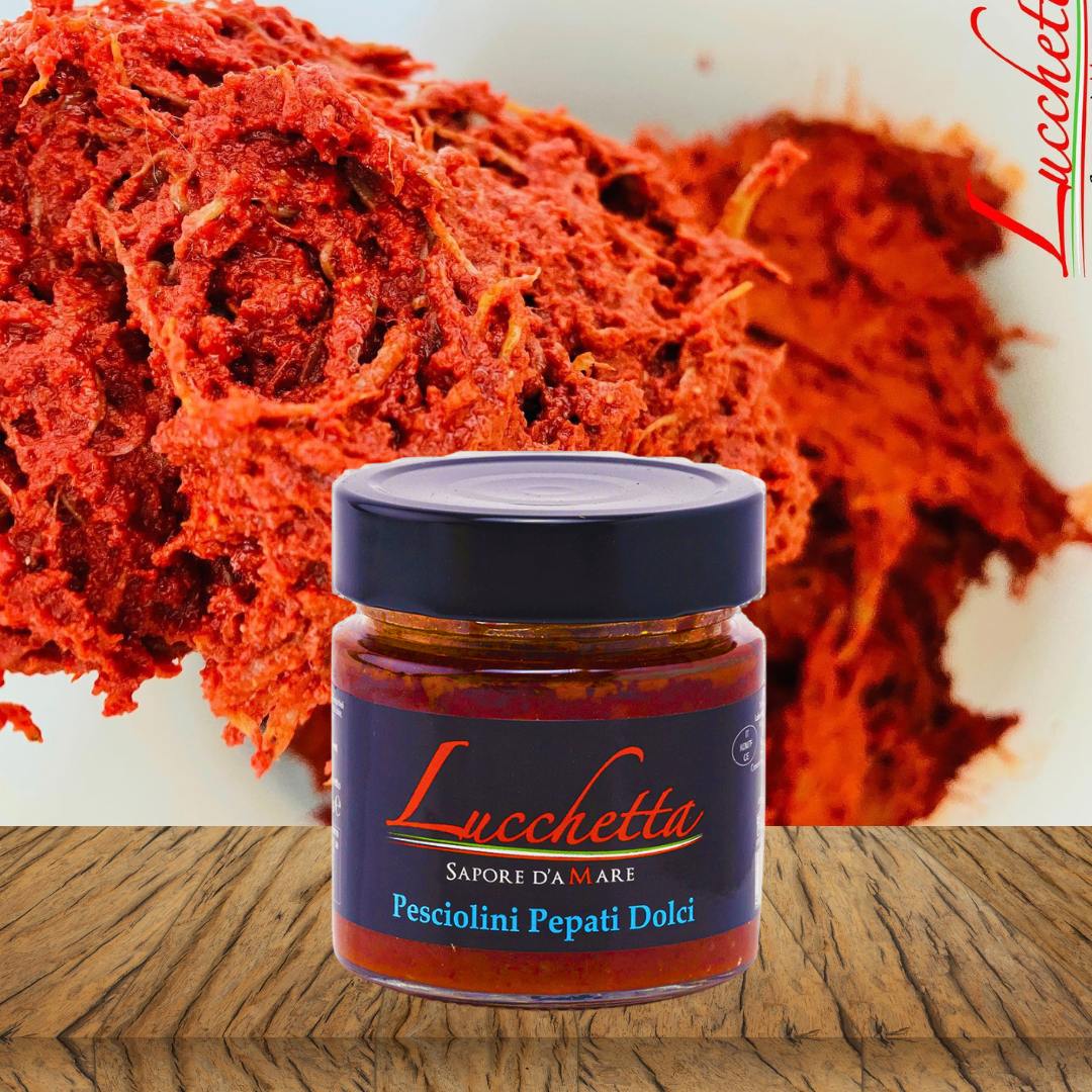 Delicious and savory Pesciolini Pepati Ricetta Sardella Rosamarina di Crucoli 200g in convenient packaging